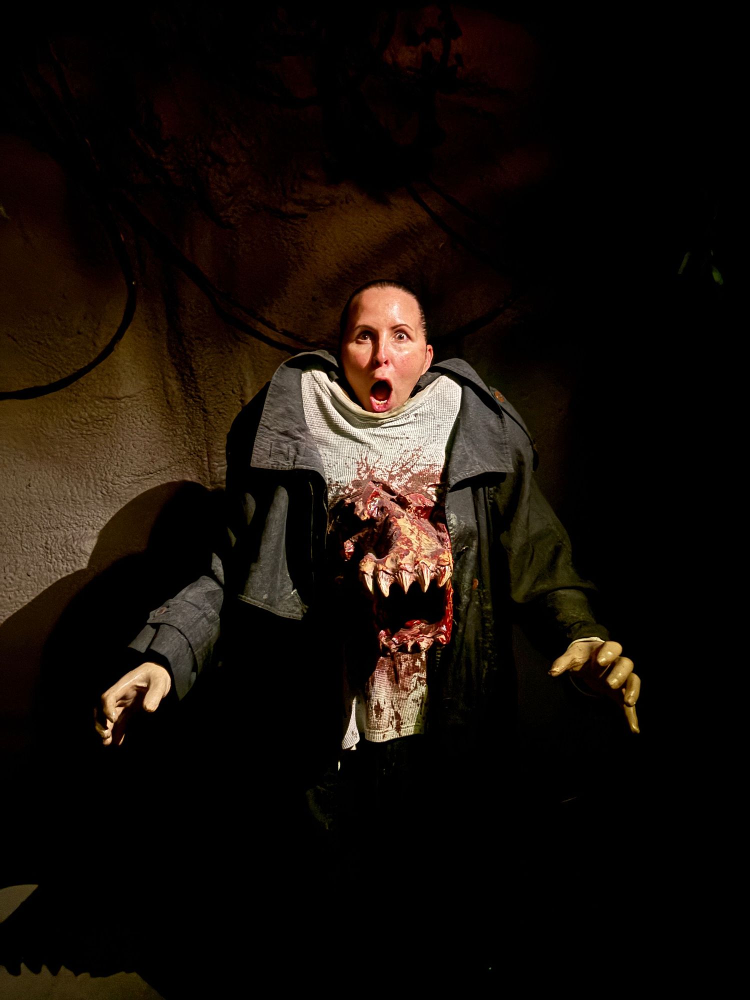 A dramatic series of photos showing hands emerging from darkness with blood-stained effects in a horror style composition.