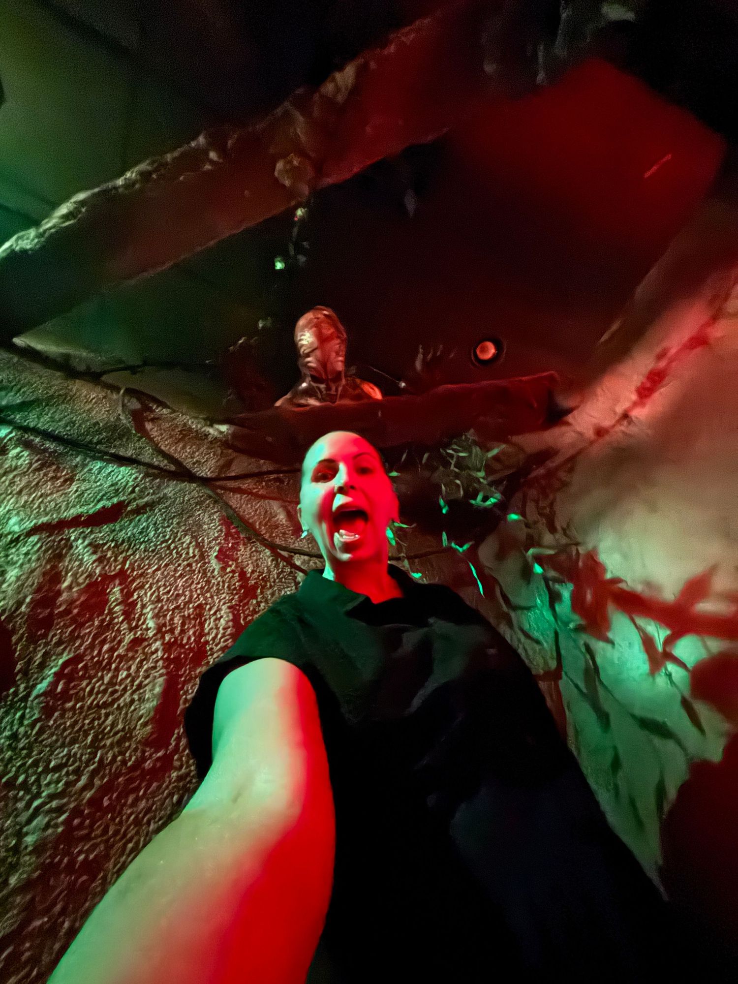 Dramatic red and green lighting creates an eerie atmosphere in a dark artistic photo sequence.