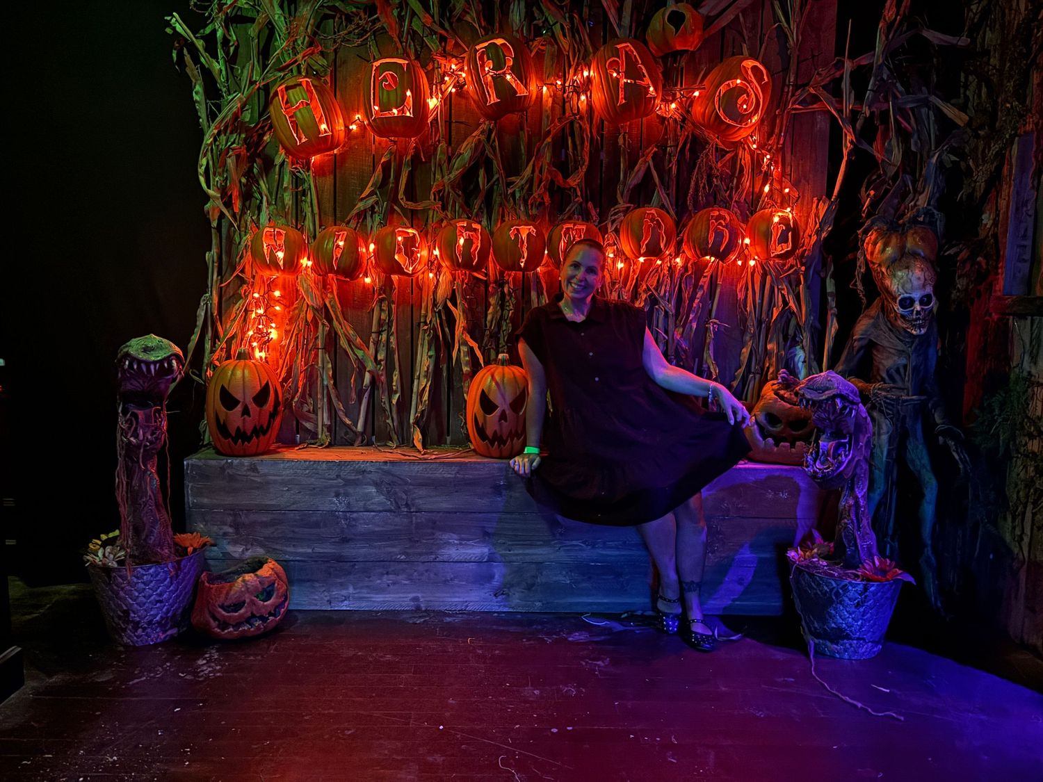 Neon red signs illuminate a dark alleyway with hanging decorations and silhouettes of people walking through.