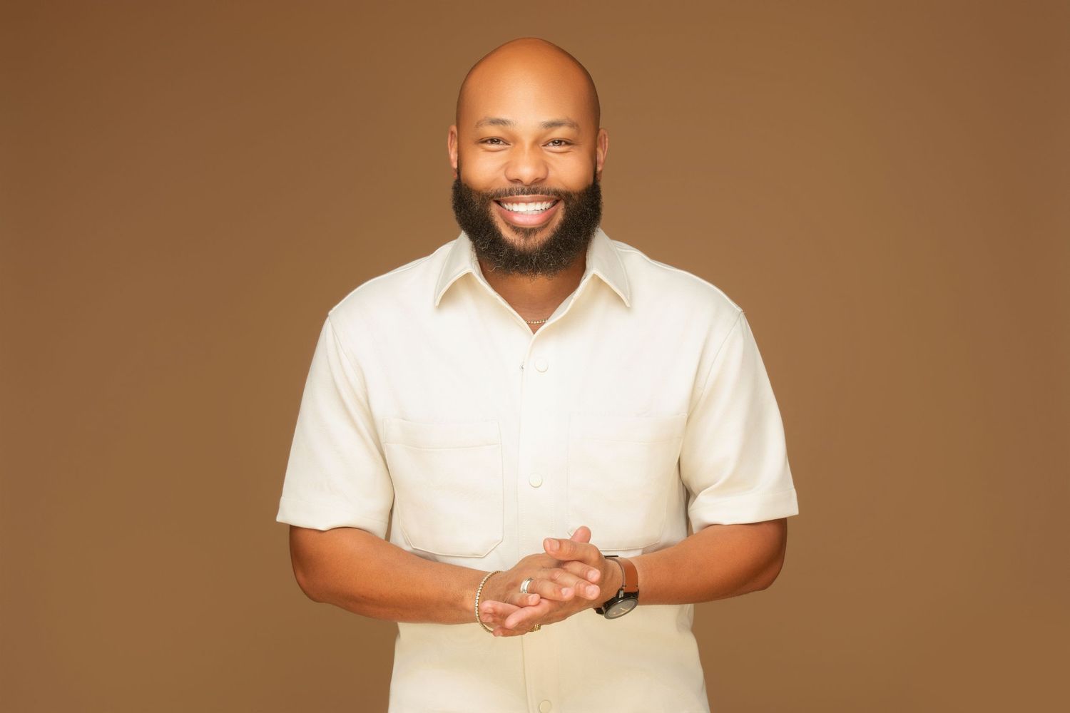 Professional portrait series of a person in a white polo shirt against a brown backdrop showing different poses.