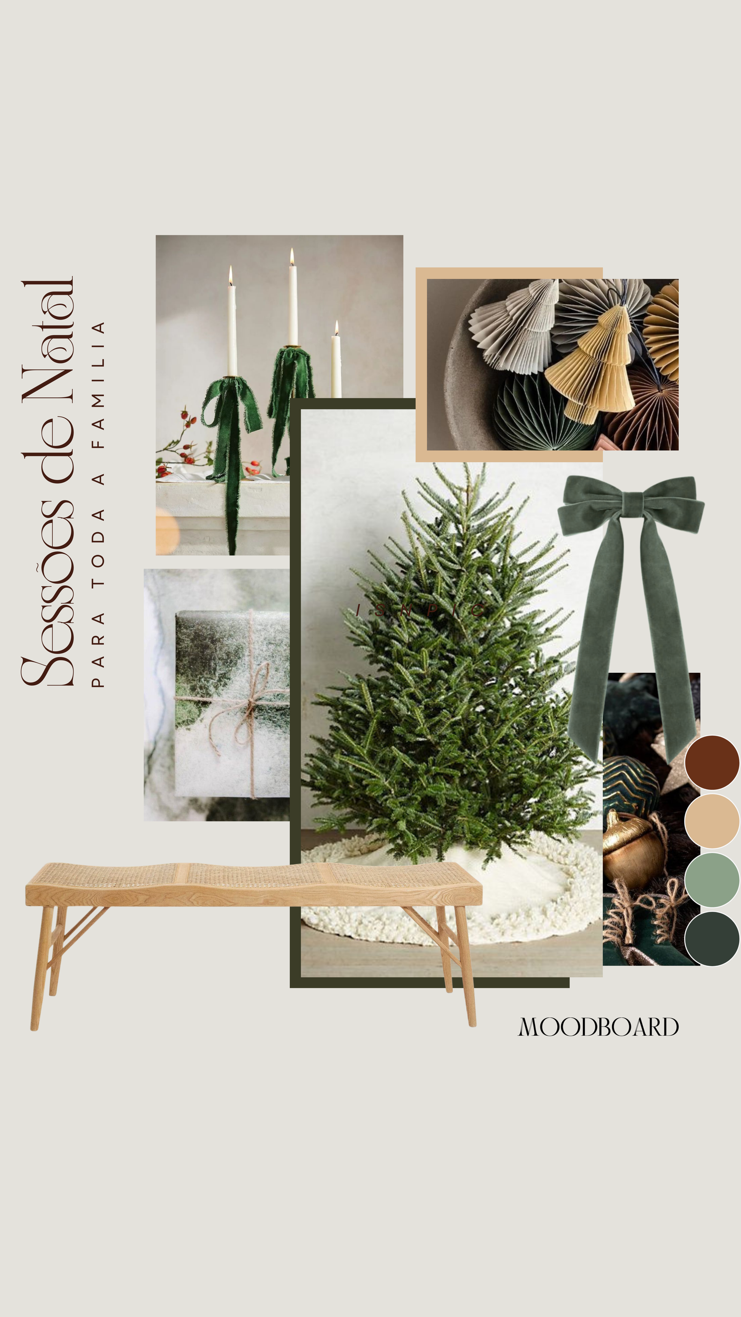 Modern Christmas mood board featuring fresh pine trees, green velvet bows, and minimalist holiday decor in neutral tones.