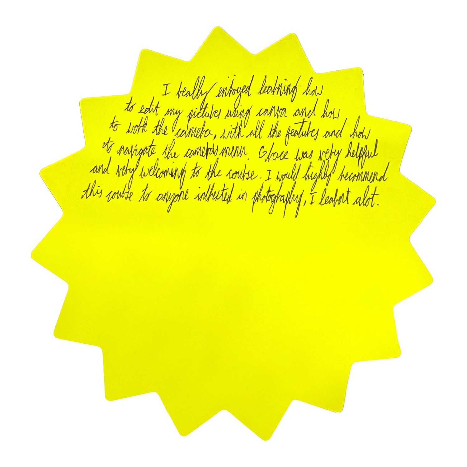 Yellow star-shaped paper notes with handwritten text displayed horizontally.