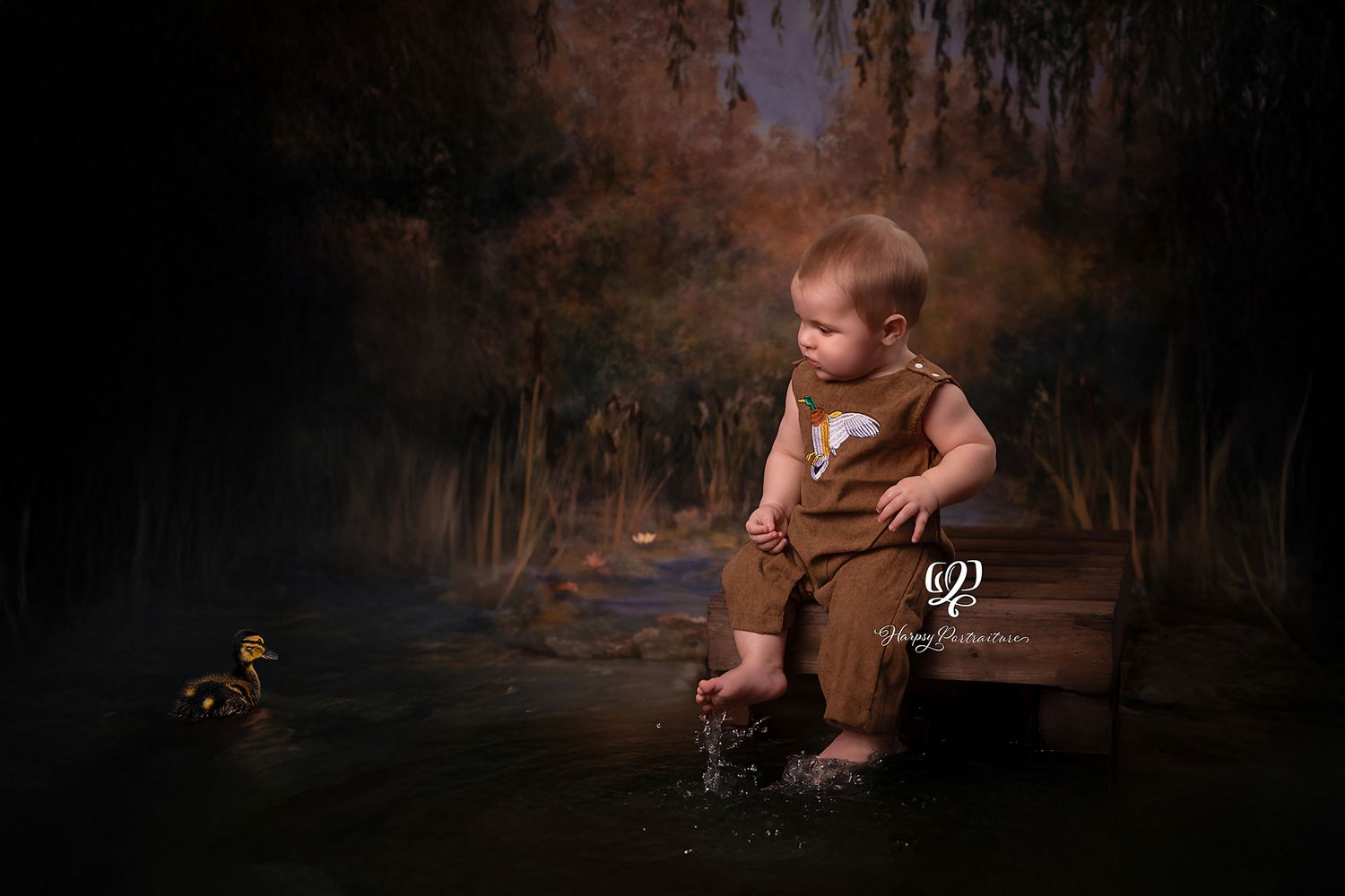 Fine art children's portrait with baby boy sitting on small dock gazing a duck swimming by; best portrait studio Lexington, SC; fine art
