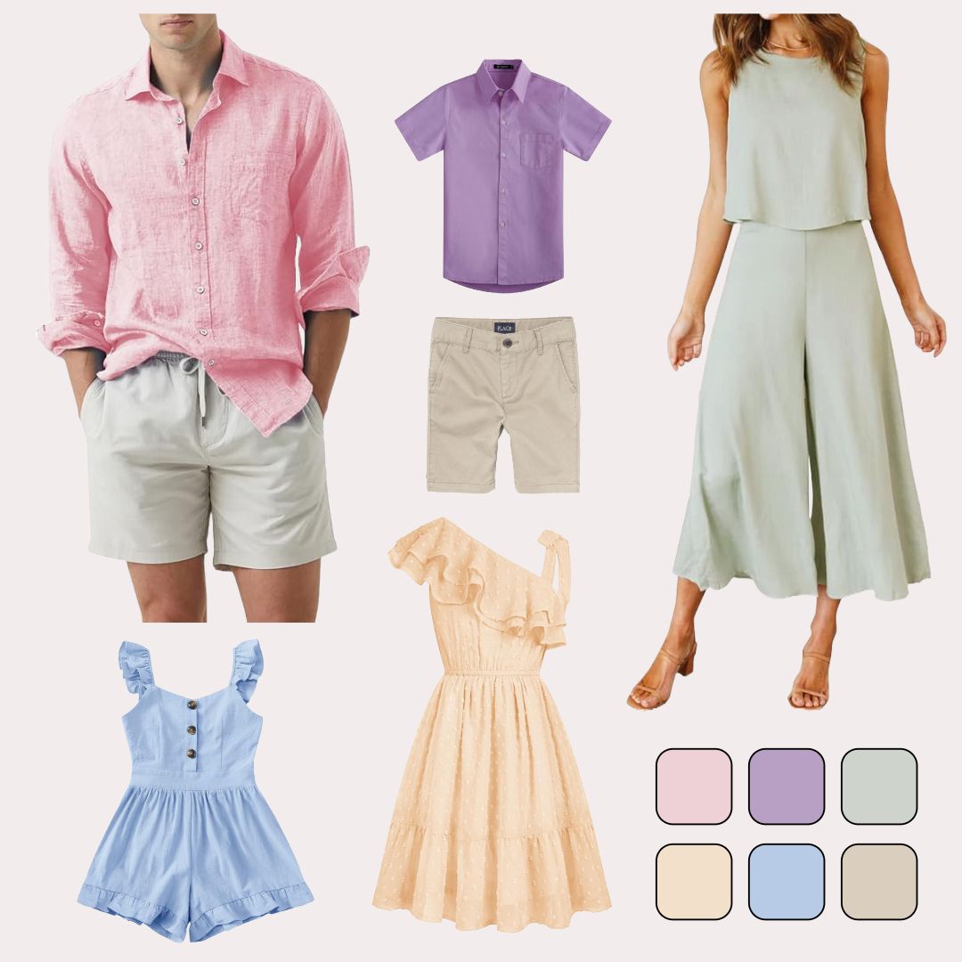 Pastel spring fashion collection featuring casual shirts, dresses, rompers and shorts in pink, purple, mint and cream colors.