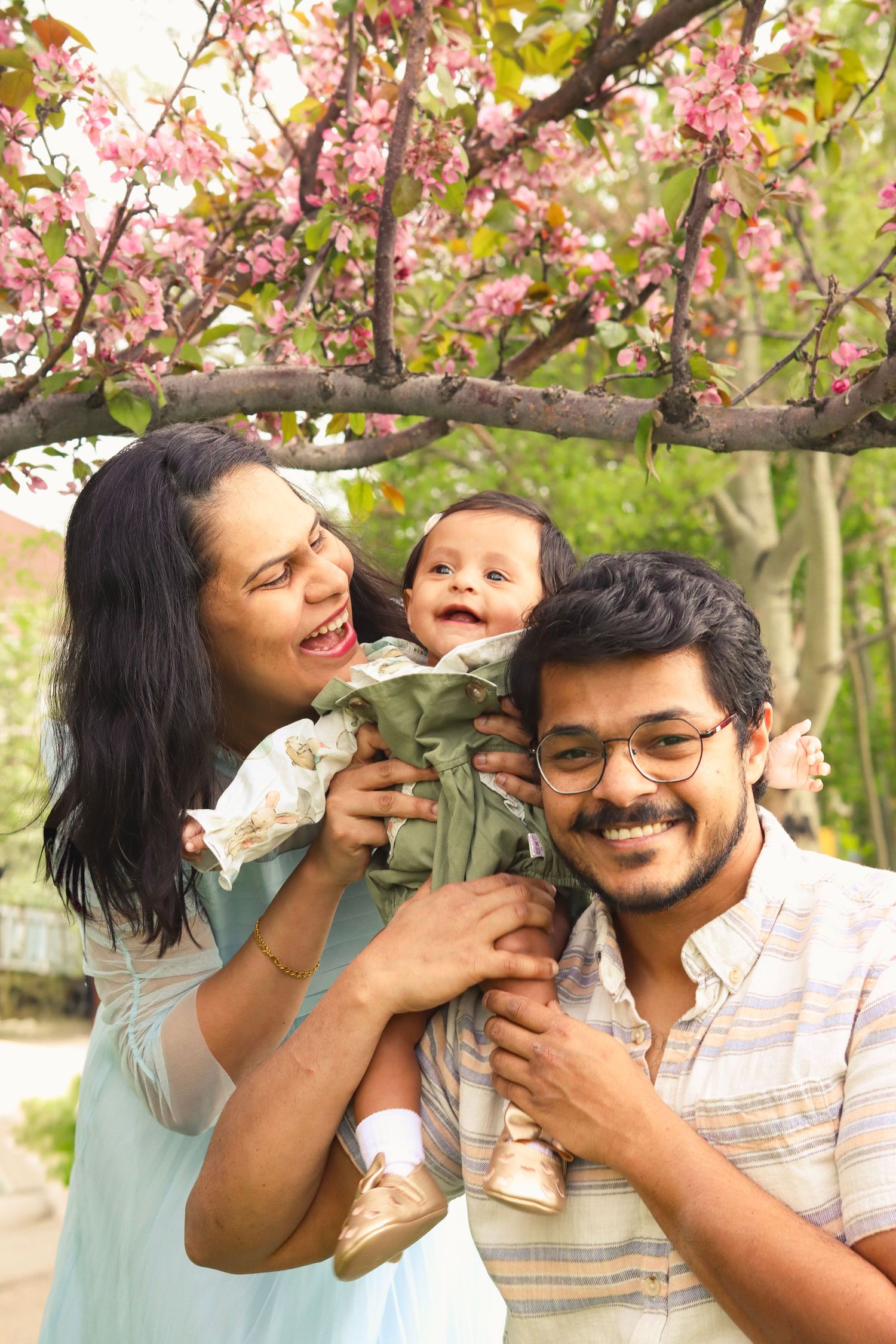 Family of 3 in a cherry blossom park