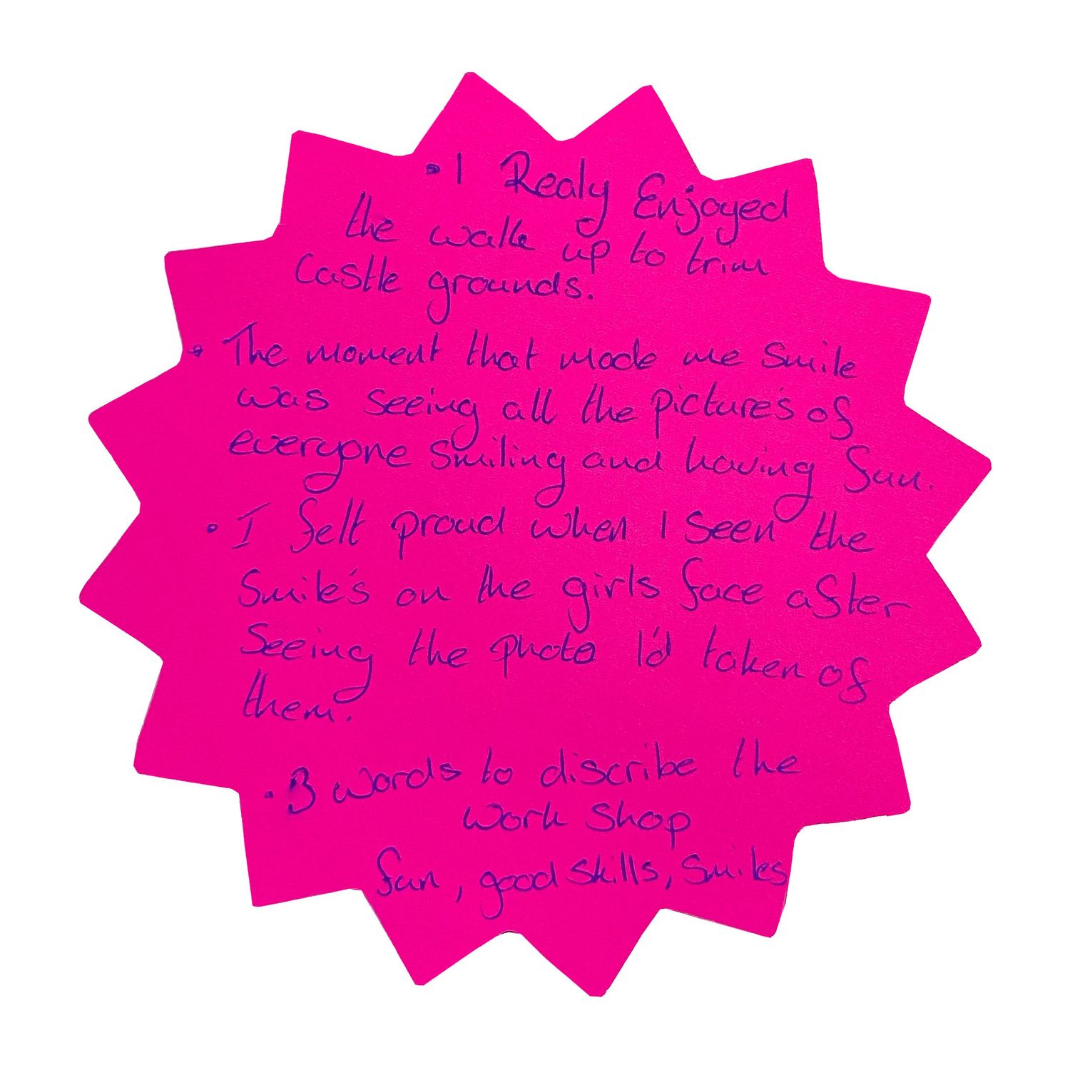 Hot pink star-shaped notes with handwritten text laid out horizontally.