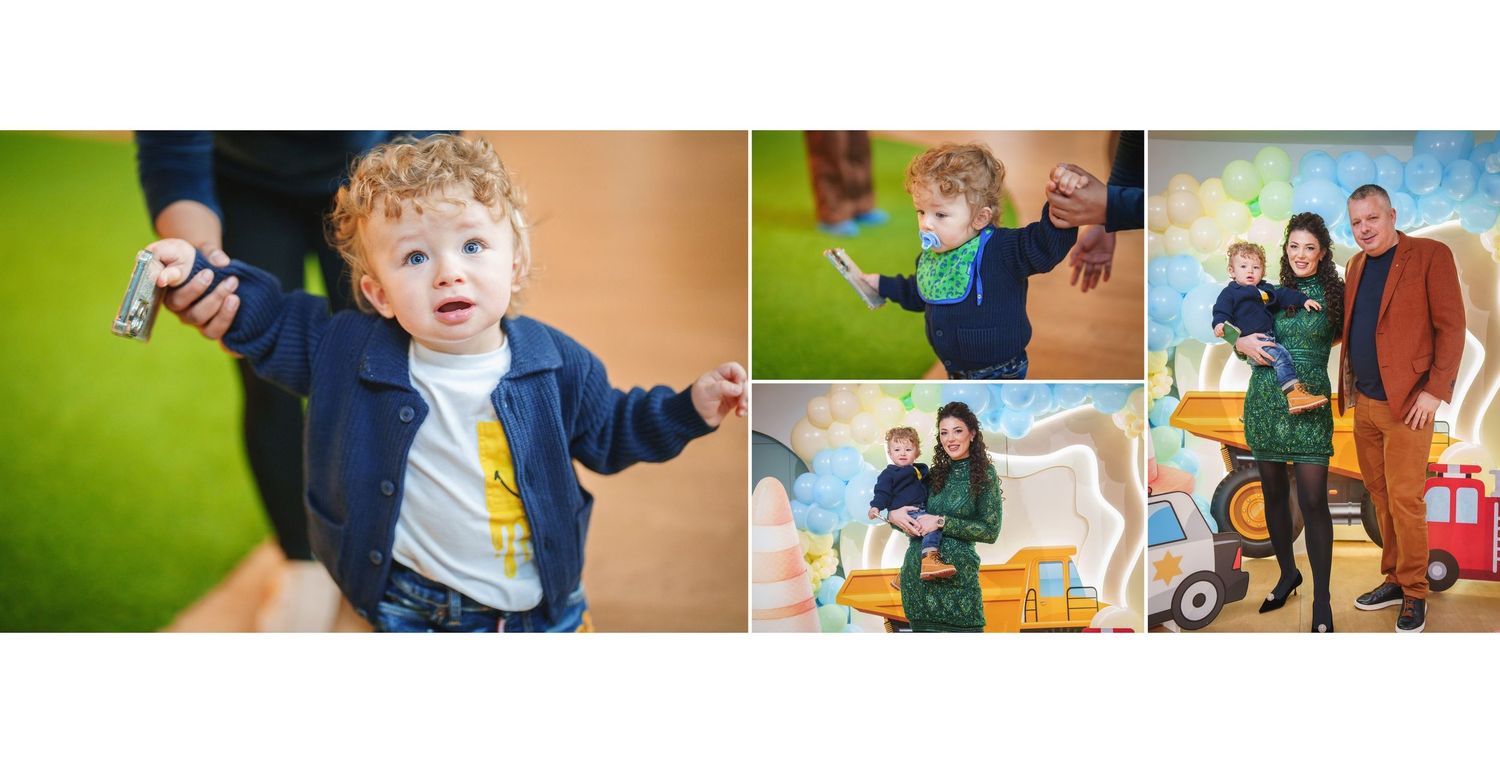 Collage of indoor family portraits showing joyful moments against colorful backgrounds with parents and toddler.