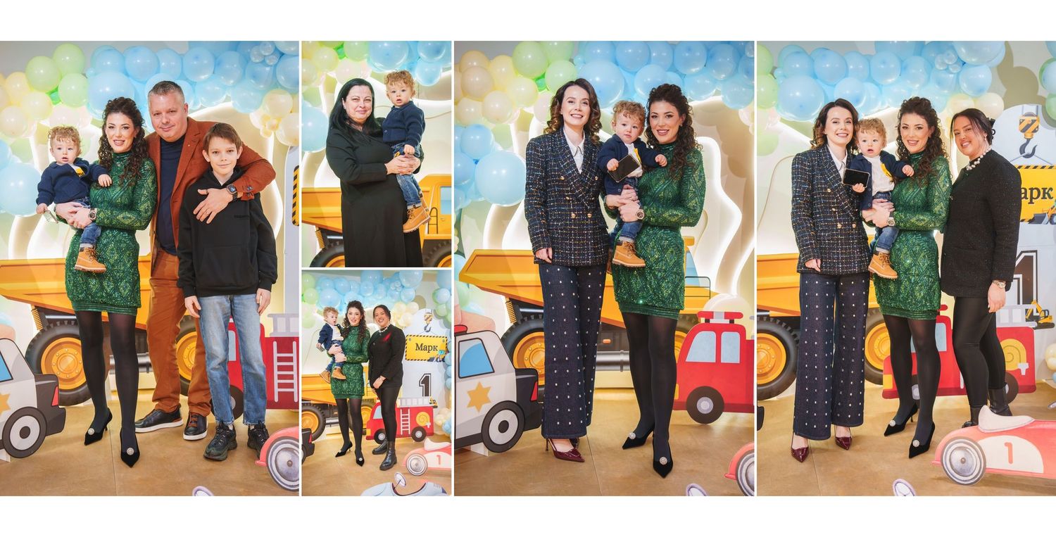 A series of four photos showing a group posing together in front of a colorful mural with a painted red van.