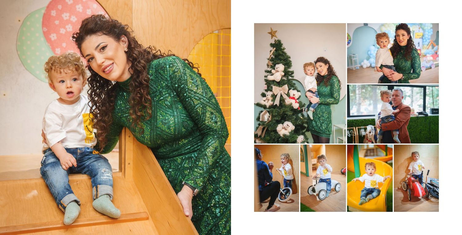 A collection of warm-toned photographs showing learning and play activities in an educational environment.