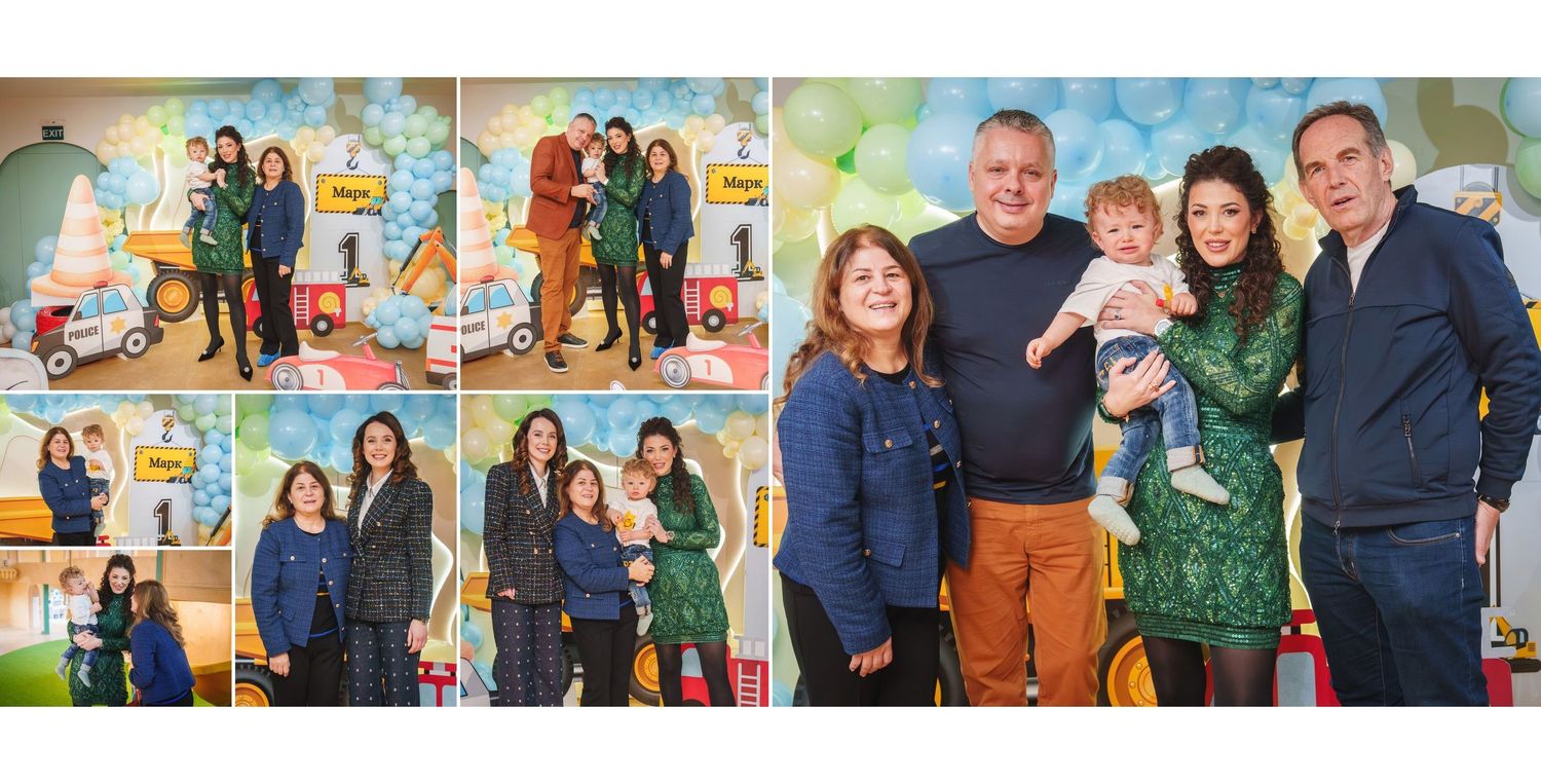 Colorful photo collage showing family gathering with festive decorations and bright backgrounds.
