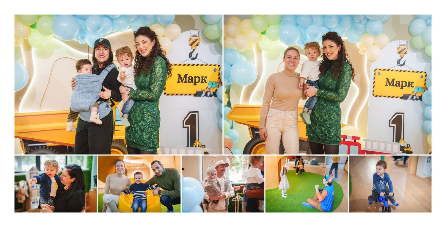 A collage of six party photos showing a yellow taxi cab prop, indoor celebrations, and children playing on colorful mats.