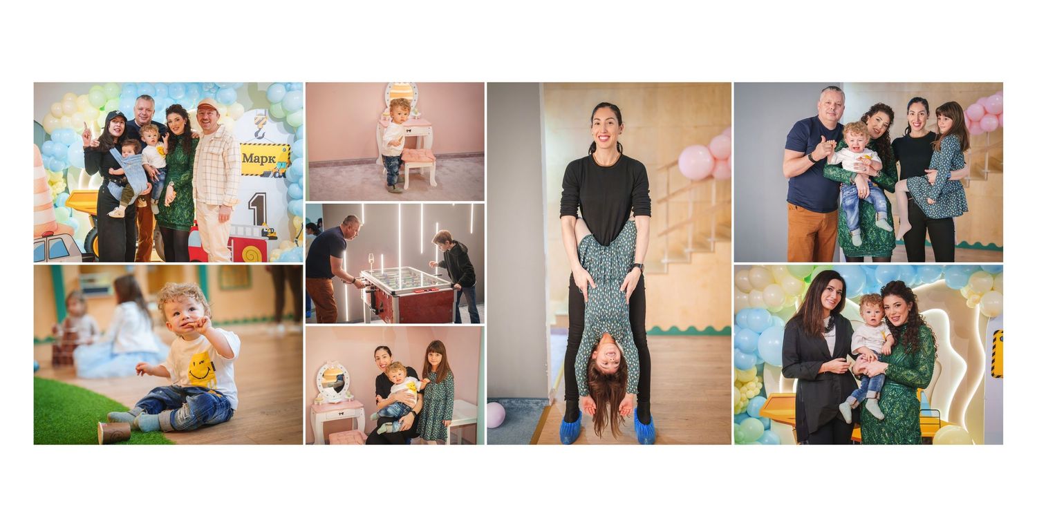A collage of candid family moments showing playtime, hugs, and laughter in various indoor and outdoor settings.