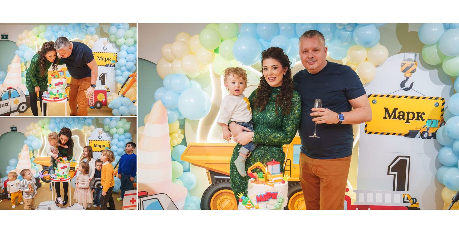 Birthday party photo collage featuring celebratory scenes with cake and decorative yellow accents.