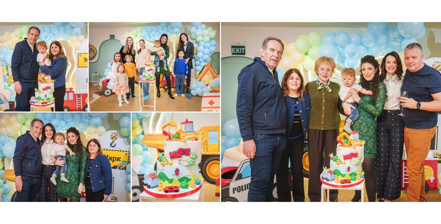 Collection of candid family celebration photos with blue and white party decorations.