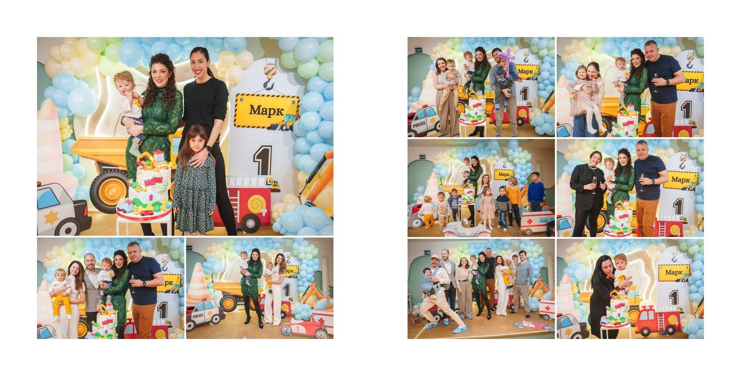 A collage of family photo booth style pictures showing people posing together with fun props and festive backgrounds.