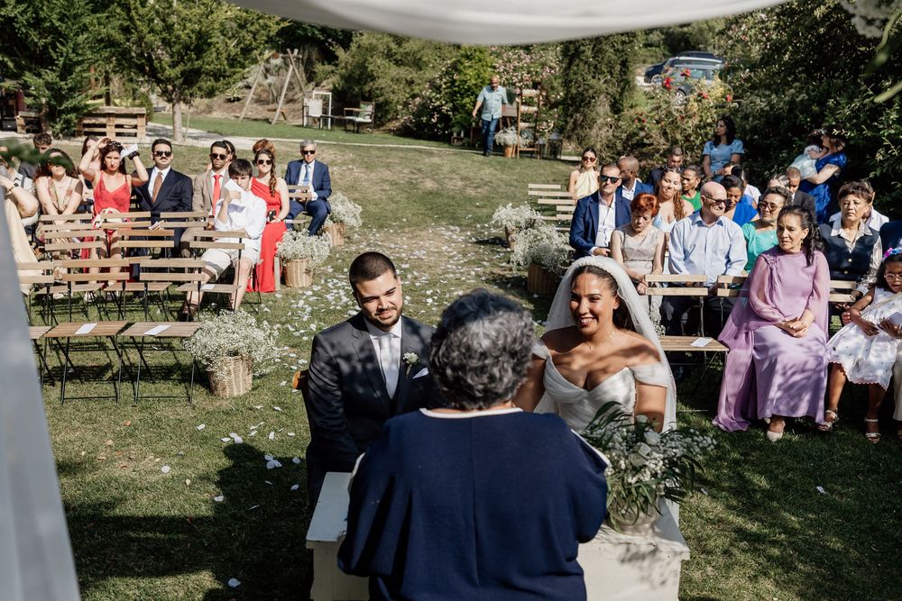 A series of candid wedding photos showing guests and celebrations at an outdoor venue during a sunny day.