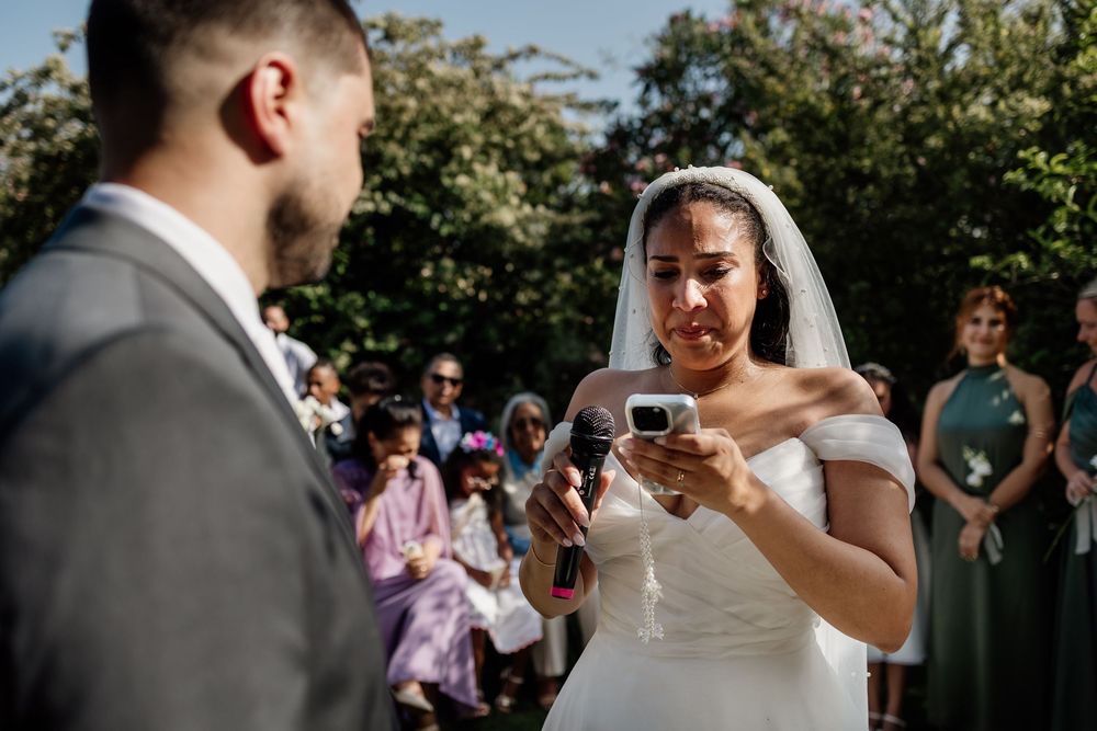 A sequence of wedding photos shows a couple sharing their first dance together at an outdoor reception.