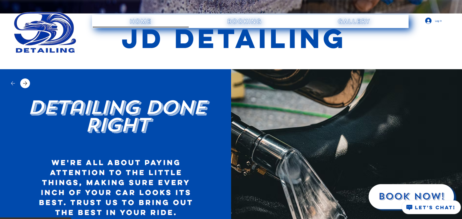 Blue and white text overlays showcase detailing services on a promotional banner background.