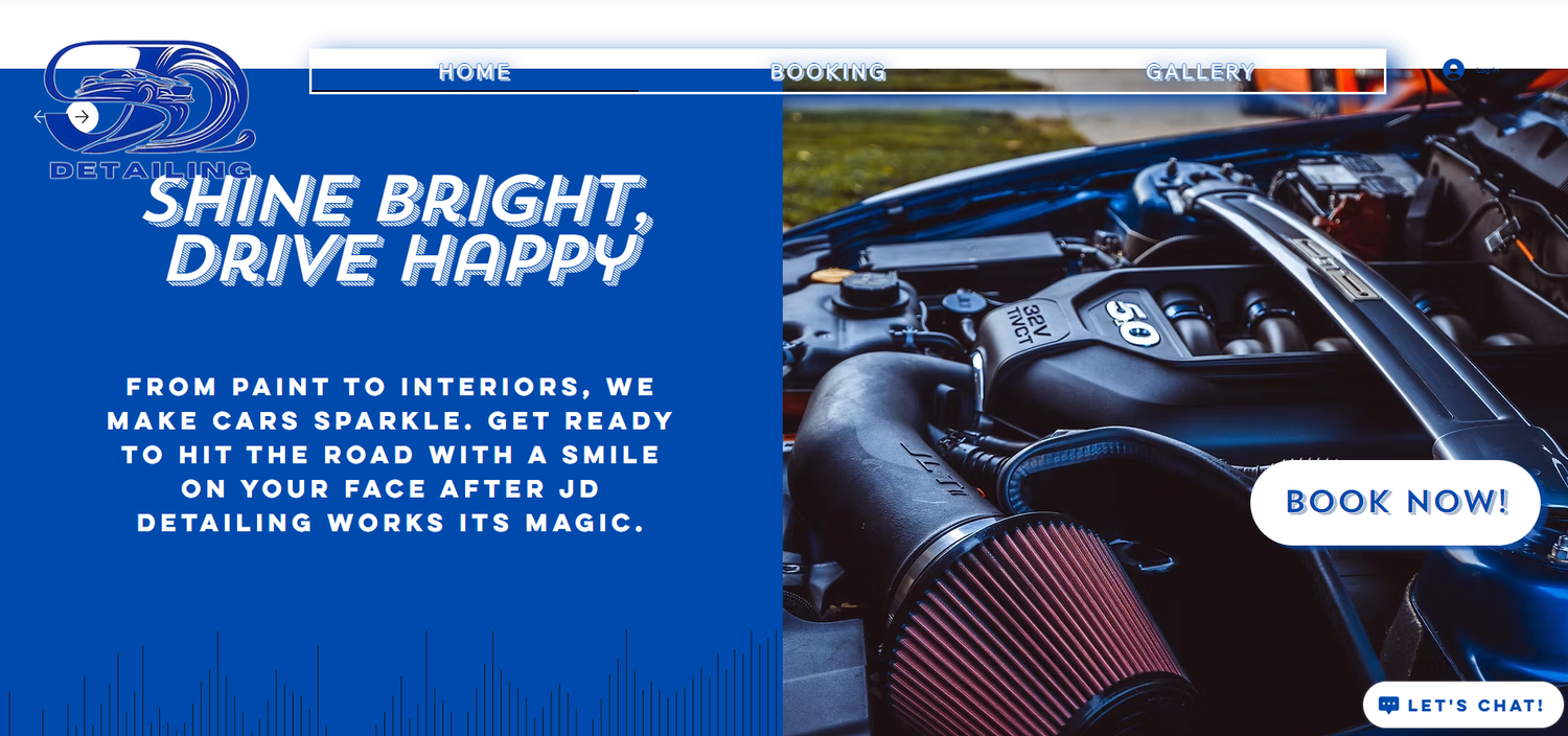 Blue banner advertising automotive services with clean design showcasing shine bright drive happy message.