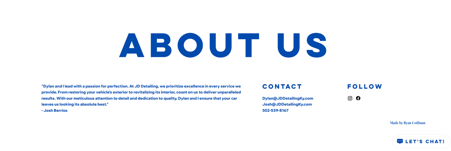 A simple white navigation menu showing the company name ABOUT US with social media links against a minimal background.