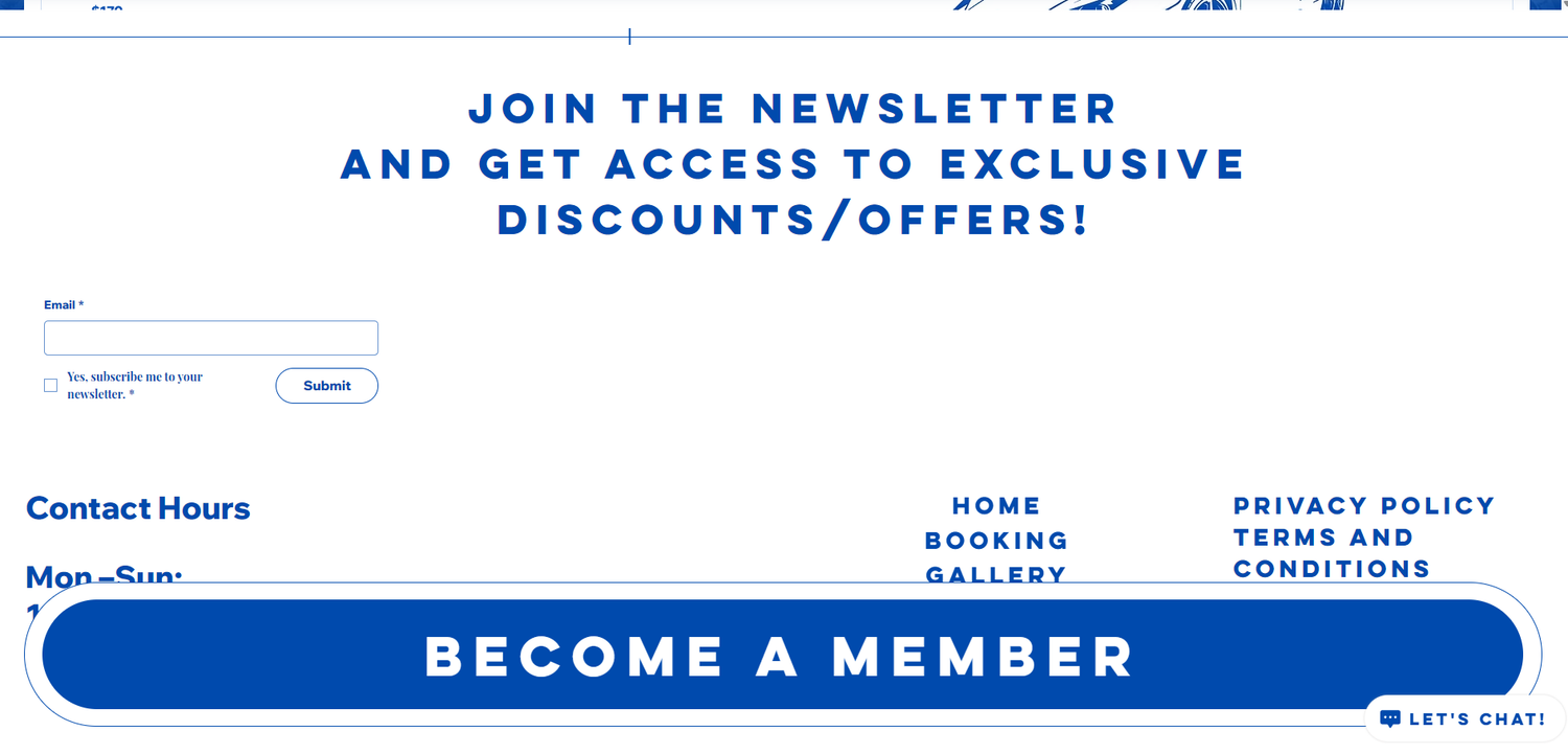 A blue and white website footer displaying newsletter signup, contact information and membership options.