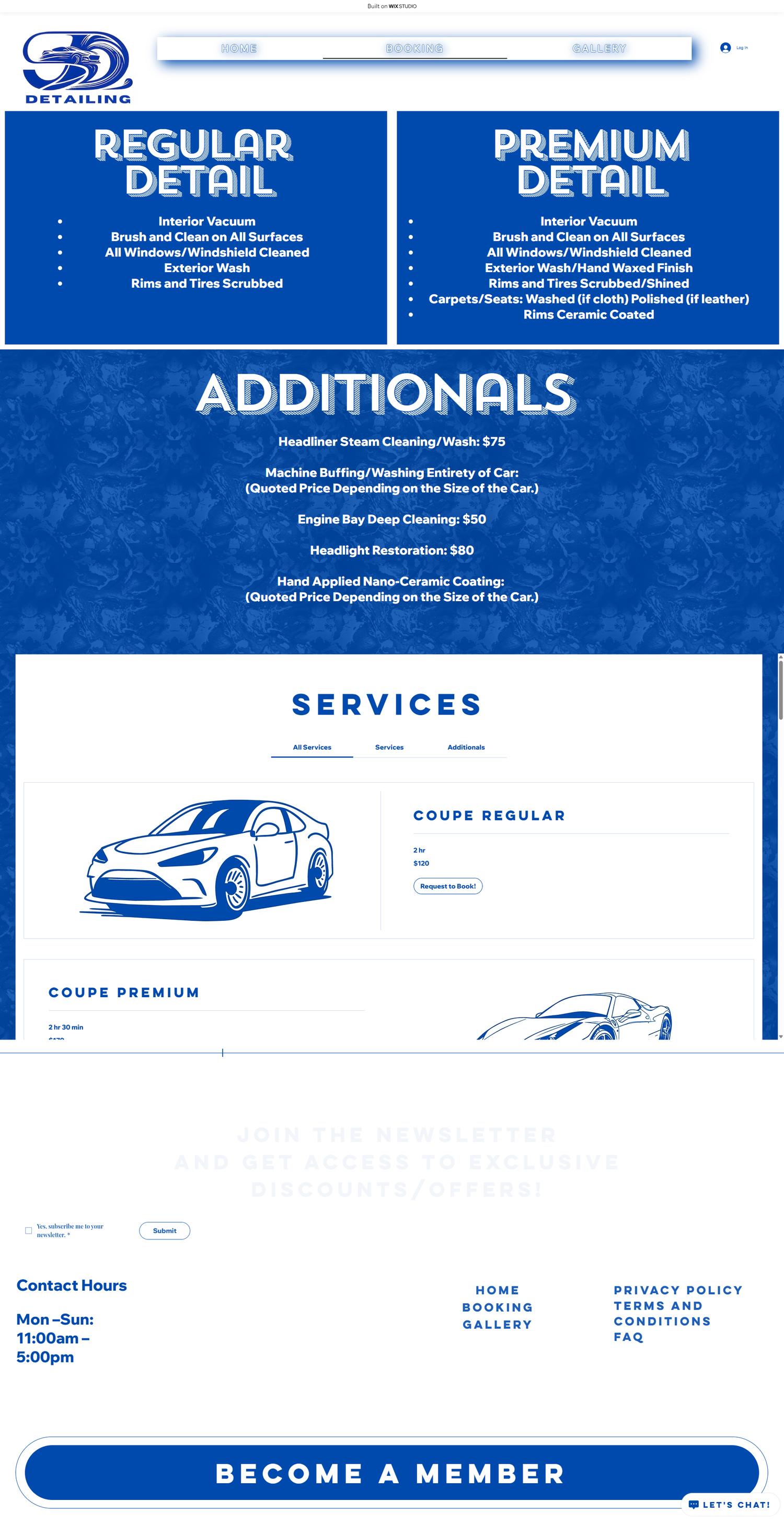 Blue and white car wash service menu showing regular detail, premium detail, and additional services options.