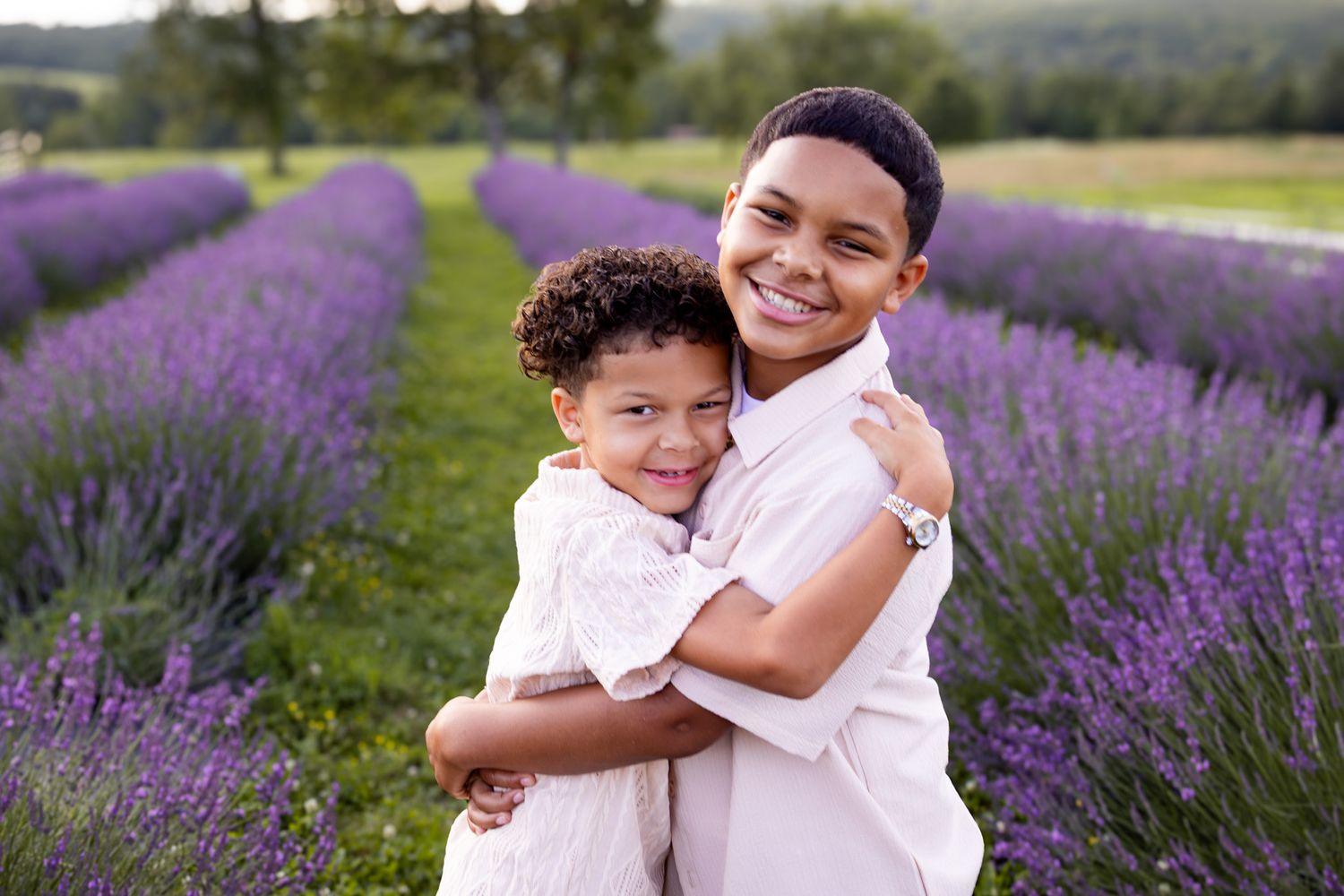 two brothers smiling in lavender field