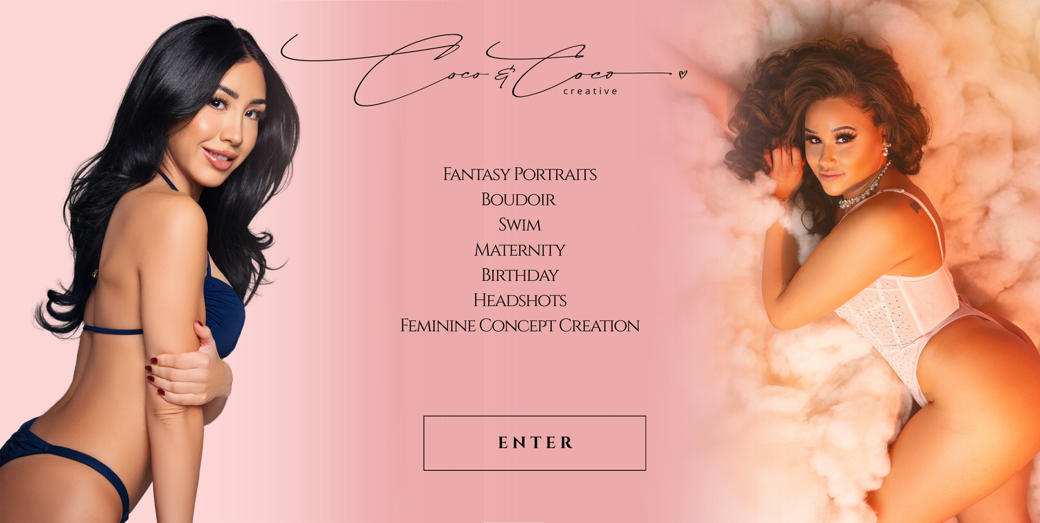 Two women pose confidently for Cara to Cara Studios, offering boudoir, maternity, swim, and feminine concept photography sessions.
