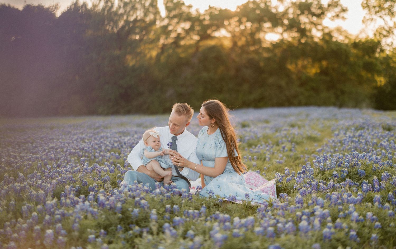 Family sitting in a field of blue wildflowers at golden hour, parents touching foreheads with baby between them.