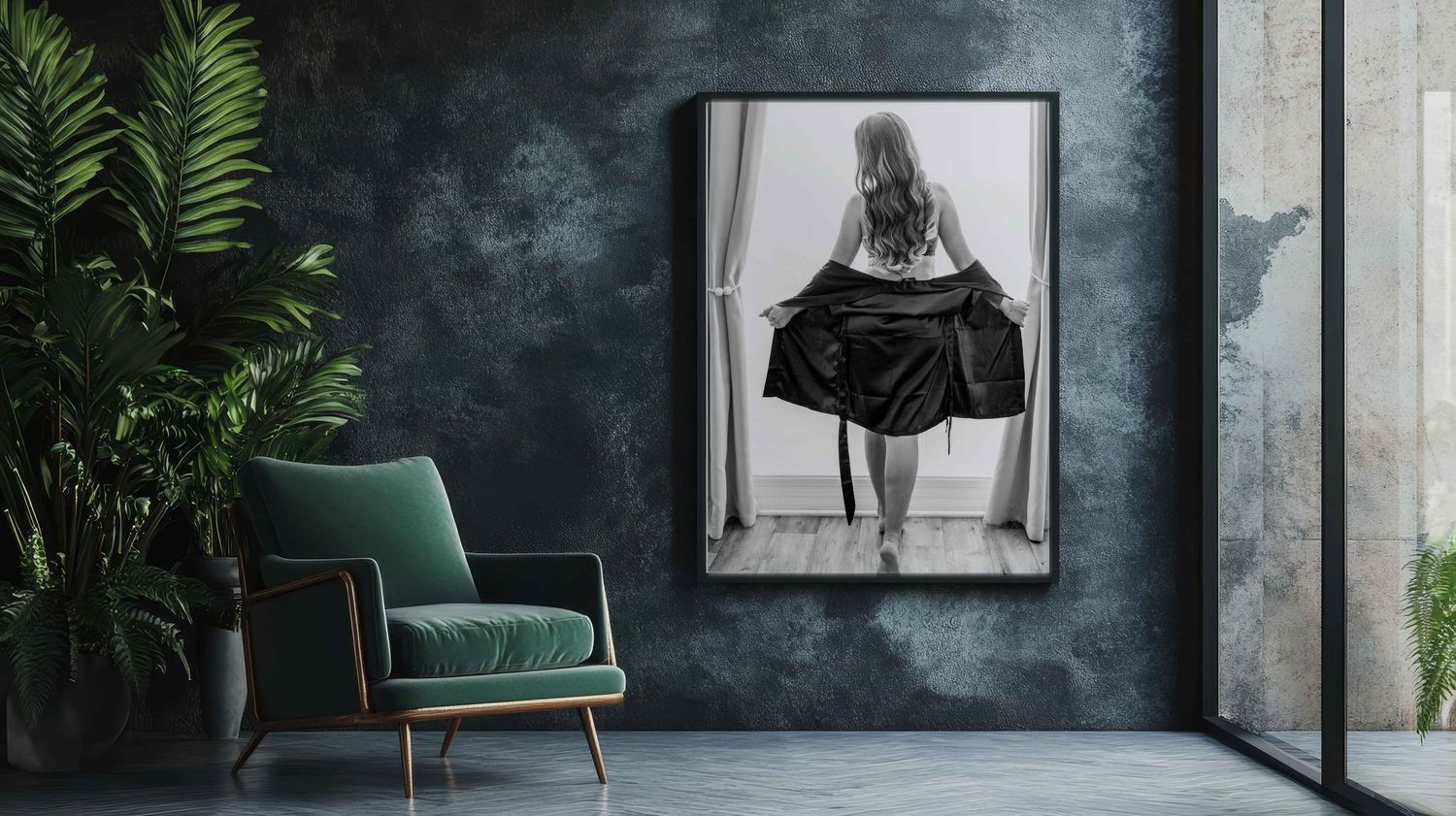 Black and white framed photo of a woman in a skirt displayed on a dark textured wall above a green velvet armchair.