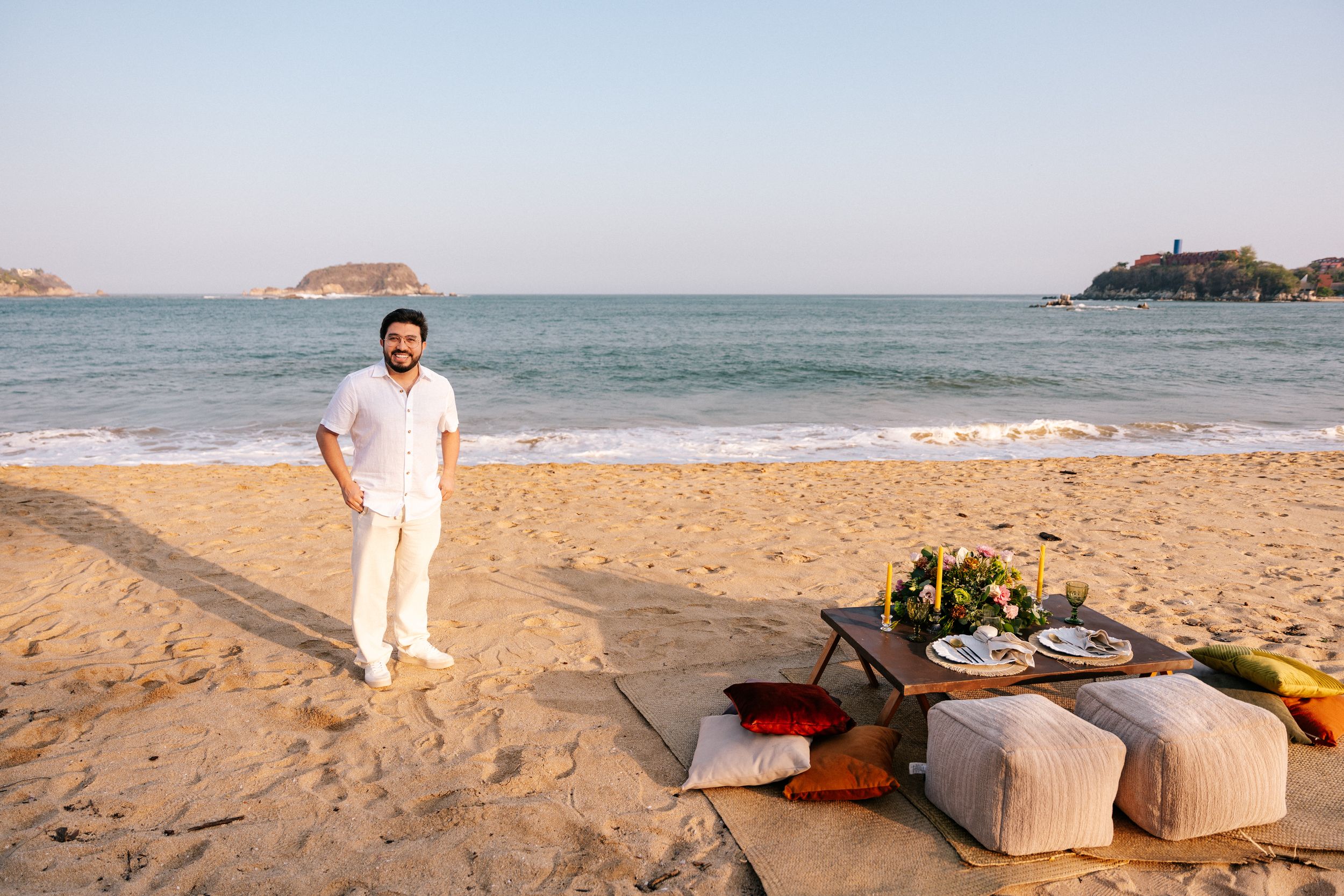 A collage of beach wedding scenes with sandy shores, ocean views, and decorative elements at sunset.