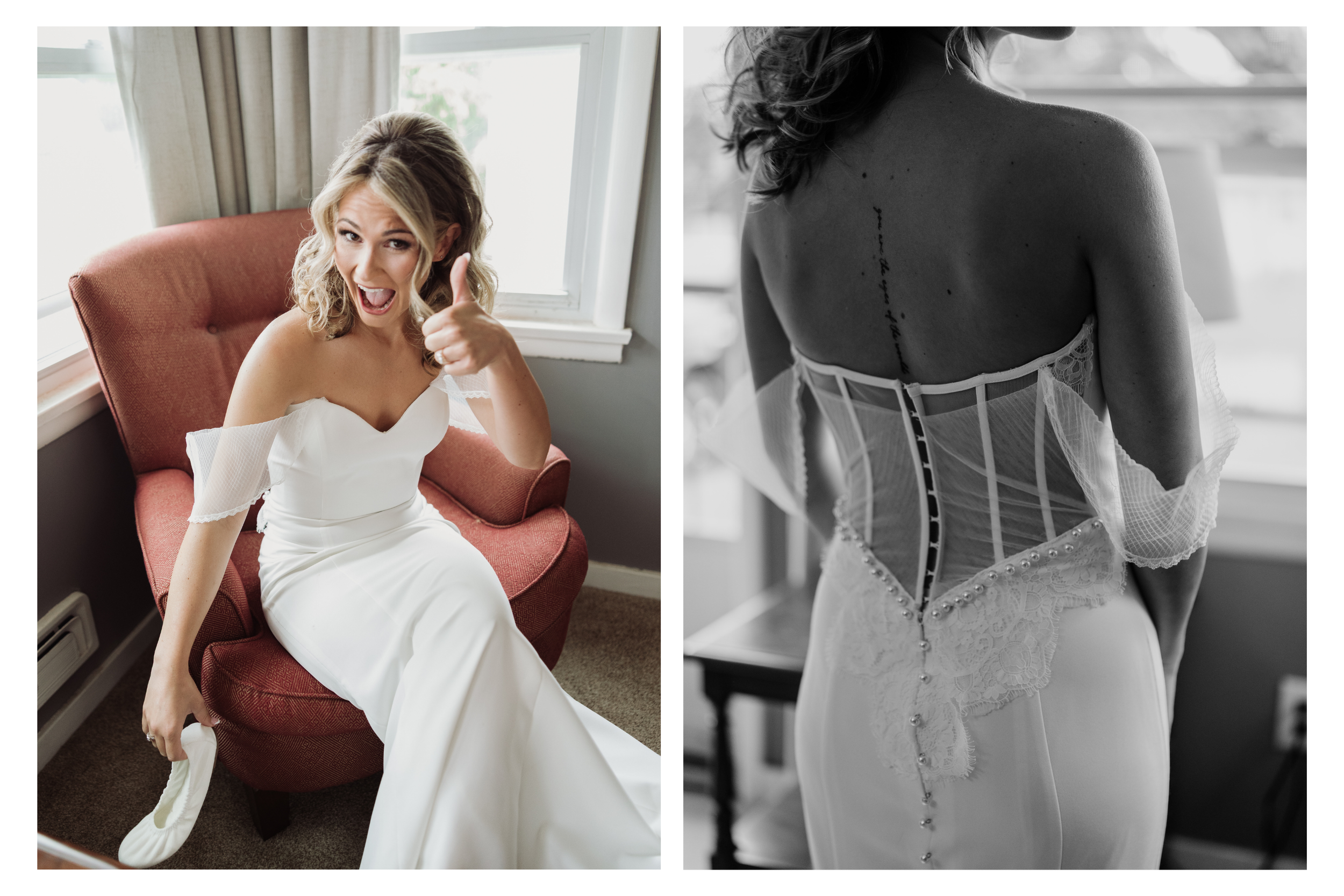Bride's wedding dress and shoes photographed before the ceremony