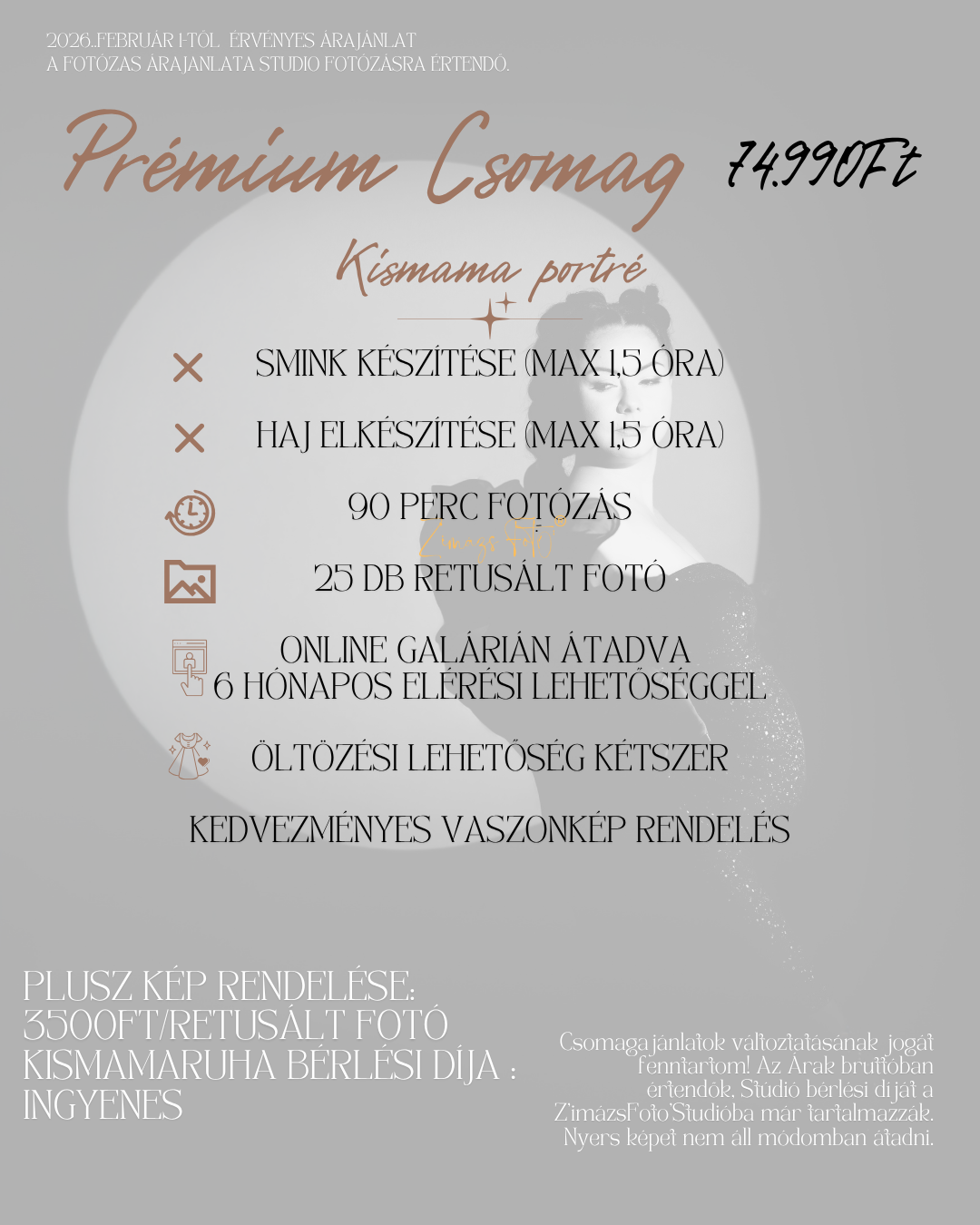 Premium combo package pricing details in brown text on a gray circular background with service features listed below.