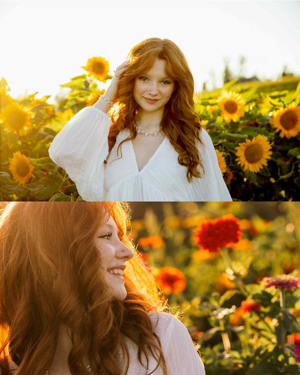 Senior photos with long wavy hair girl poses in a sunflower field during golden hour sunset creating a dreamy summer portrait.