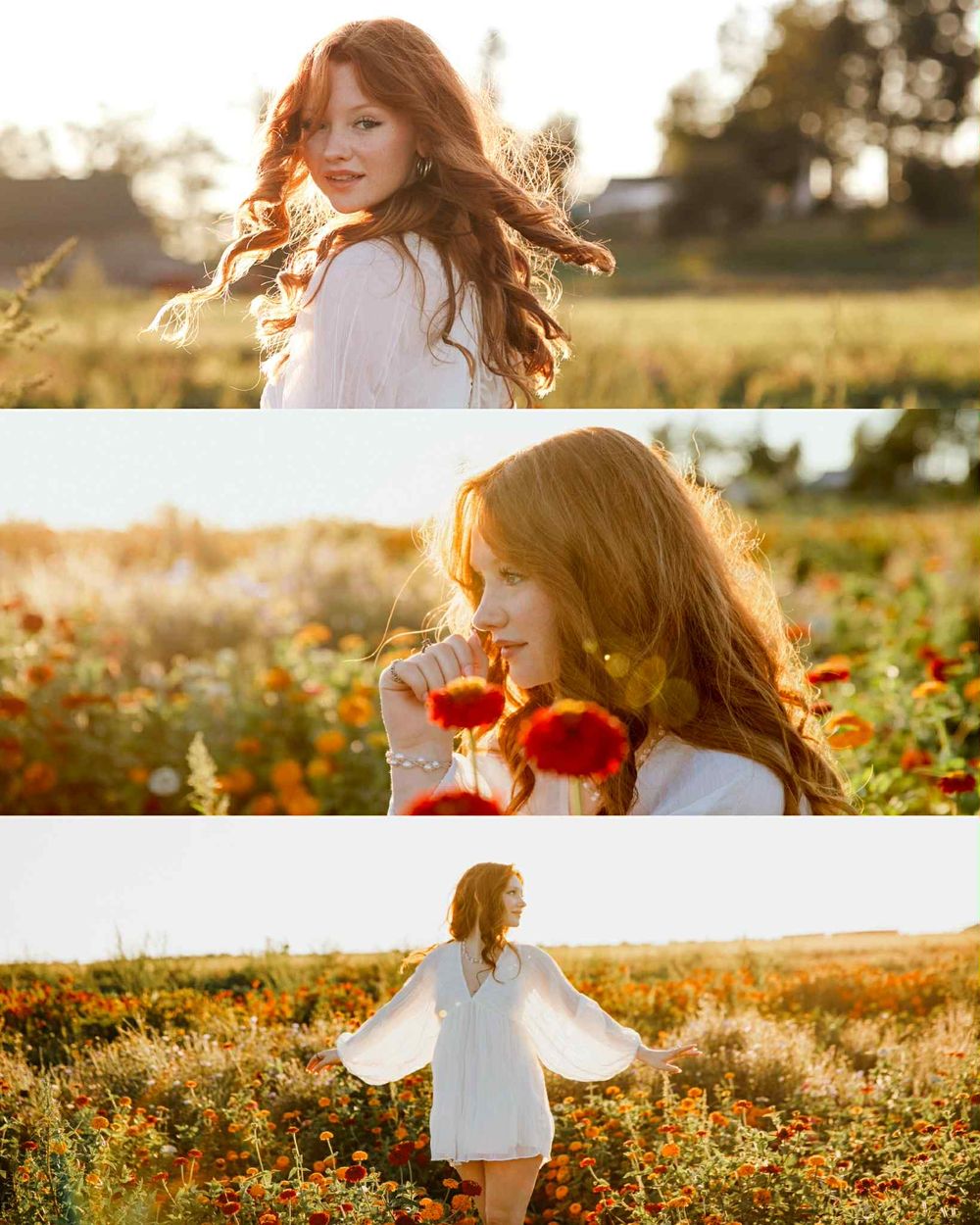 A senior in high school in dress walking through golden wildflower field at sunset creating dreamy summer atmosphere.
