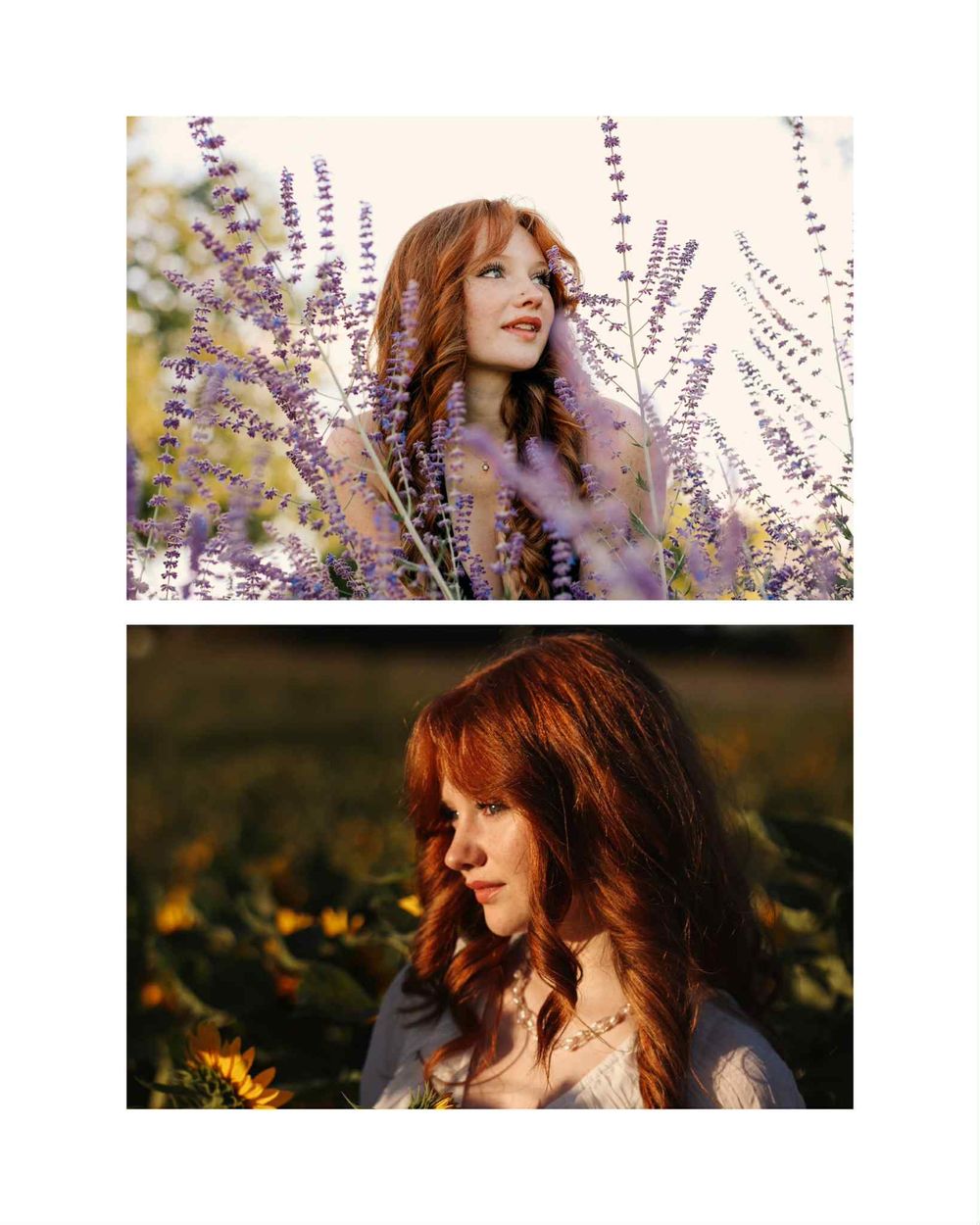 A dreamy portrait of someone with red hair among blooming lavender flowers in soft natural lighting.