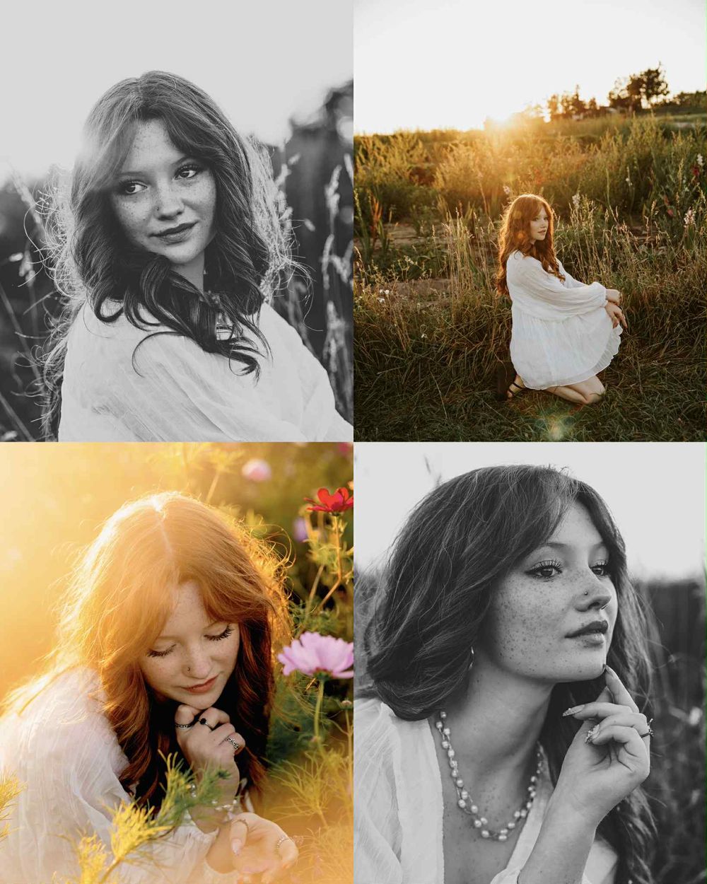 Four artistic portrait photographs in a collage showcase dreamy outdoor settings with natural lighting and ethereal styling.