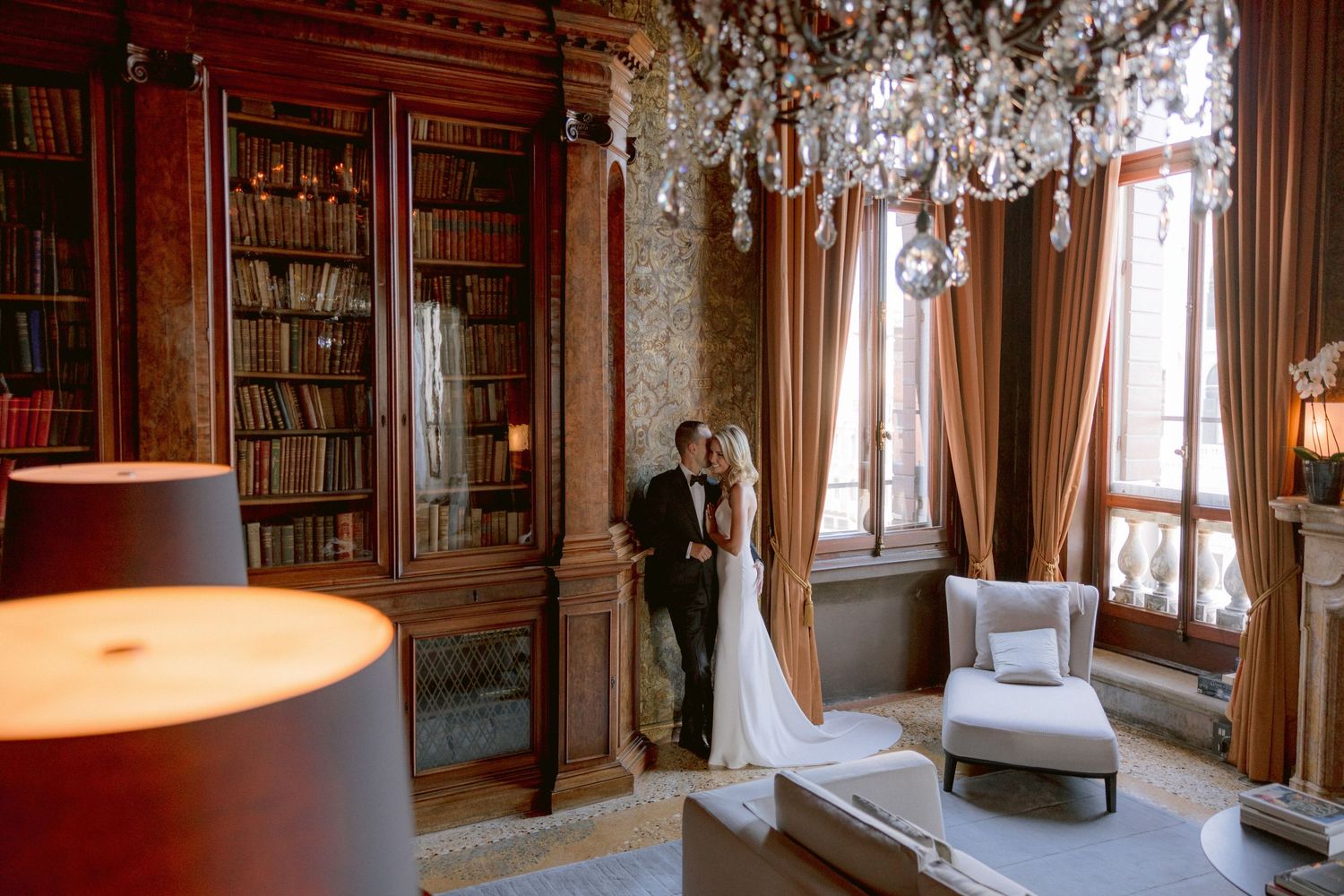 Bride and groom posing for their elopement wedding photo shoot at luxury hotel Aman Venice