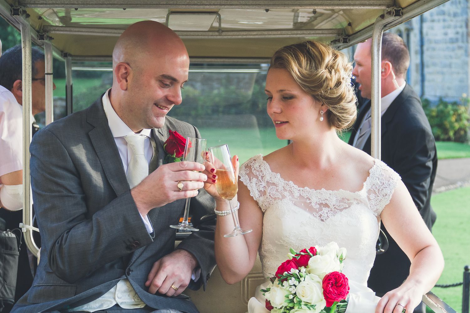 Leeds Castle wedding photography champagne in a golf cart