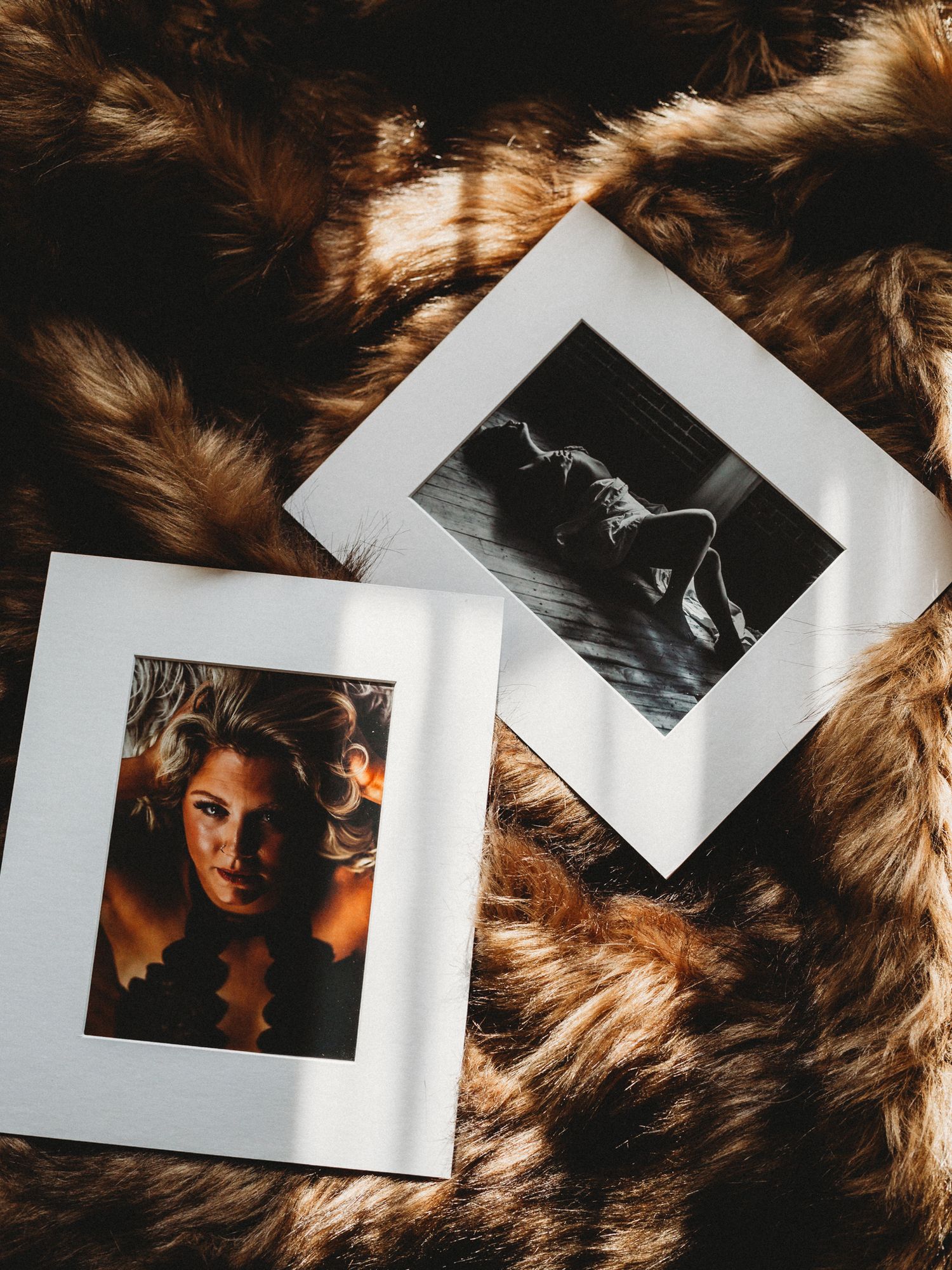 Artistic photographs displayed on a brown furry textured background showing moody dramatic lighting and cinematic style frames.