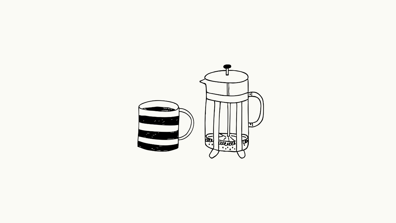 Simple black lineart icons showing various household items including a kettle, coffee mug, and rolling chair.