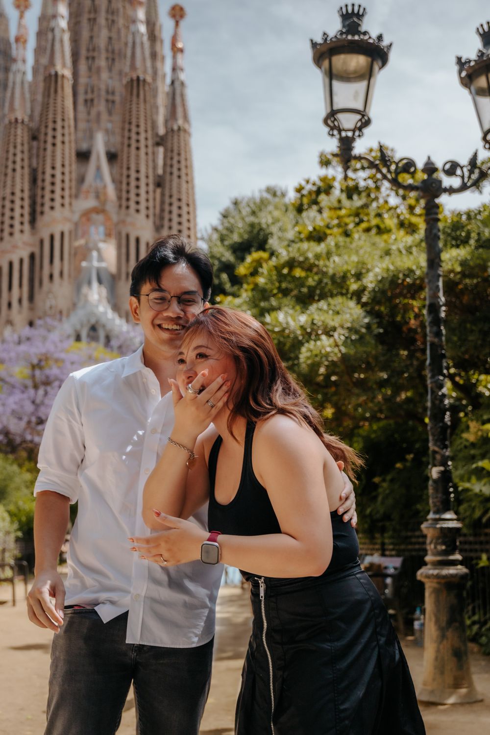 Engagement ring sparkling in the Barcelona sunlight.