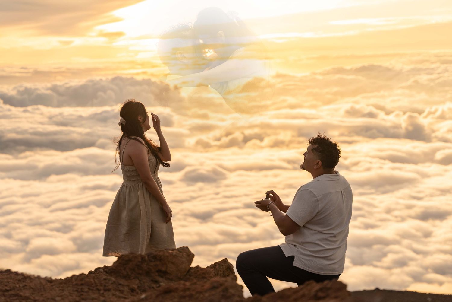 Maui couple engagement photographer photo against beautiful Maui sunset Haleakala summit by ohwowfotos.