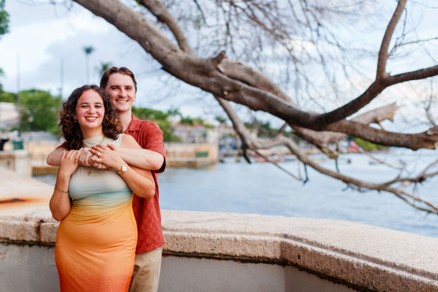 Surprise marriage proposal in Old San Juan, Puerto Rico. Paseo de la Princesa. Man and woman.