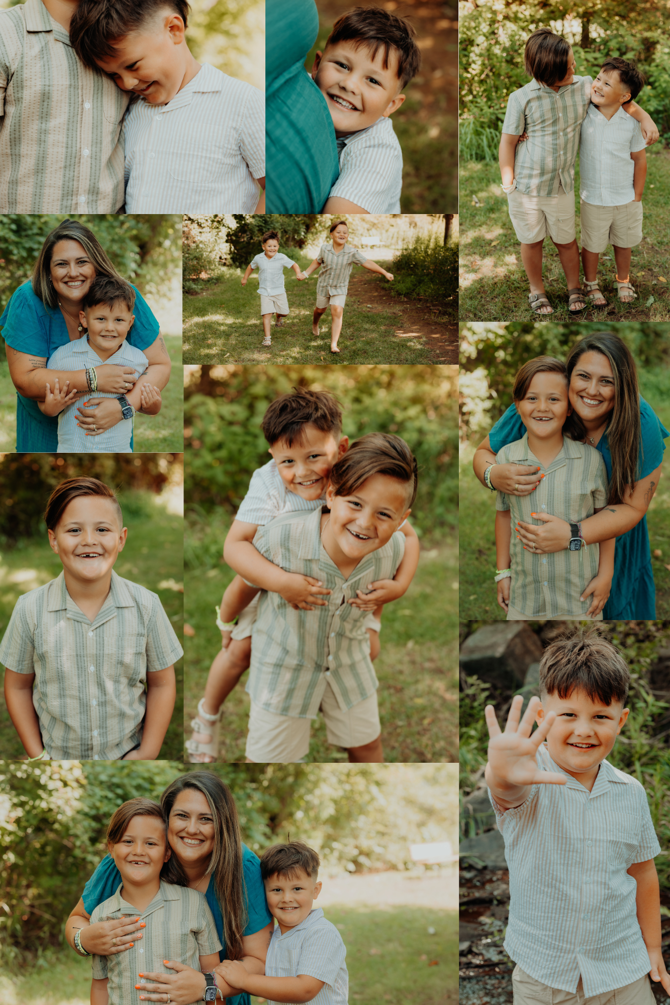 A playful outdoor family photo session in a garden setting with teal and grey outfits on a sunny day.