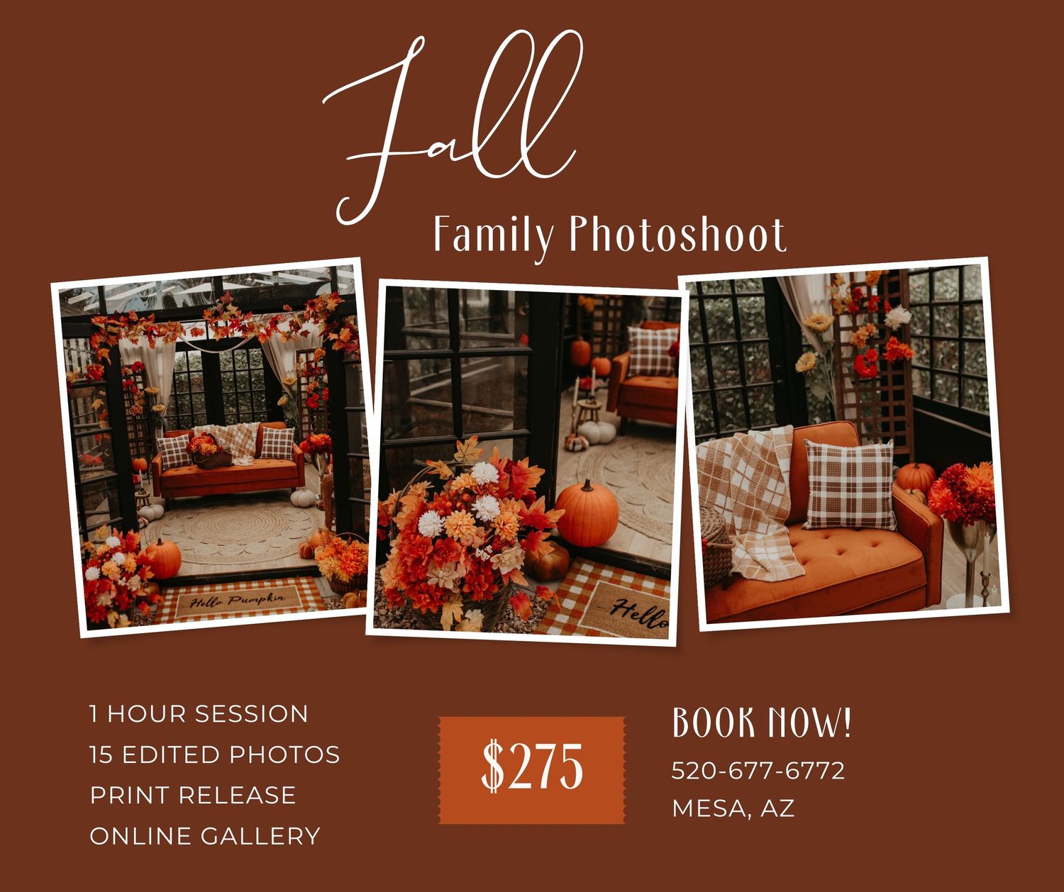A fall photography mini session advertisement banner in warm autumn colors with pricing and booking details for Mesa, AZ.