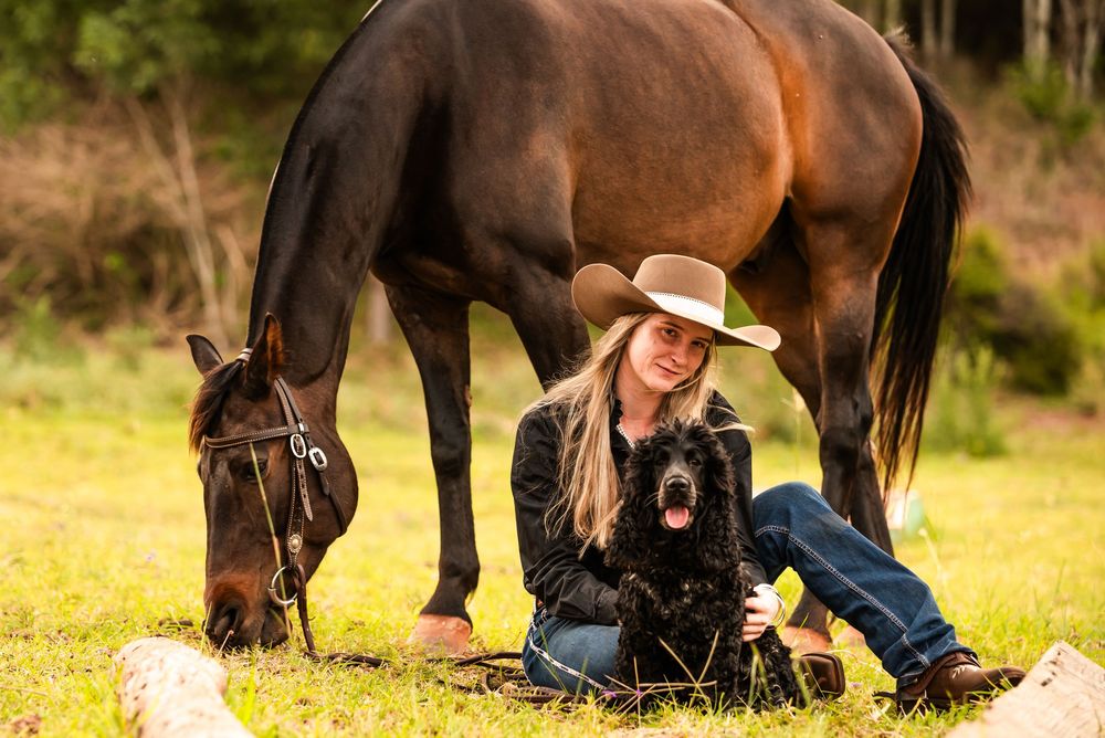 Someone lays in a green field beside a dark horse while taking photographs at ground level.