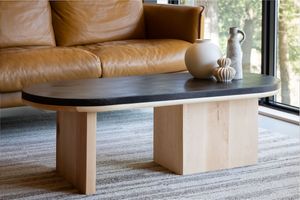 Luxurious tan leather sofa with matching wooden base displayed in a modern interior setting with natural light.