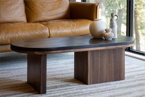 Contemporary straight leg wooden bench with dark walnut finish and floating pedestal base shown from multiple angles.