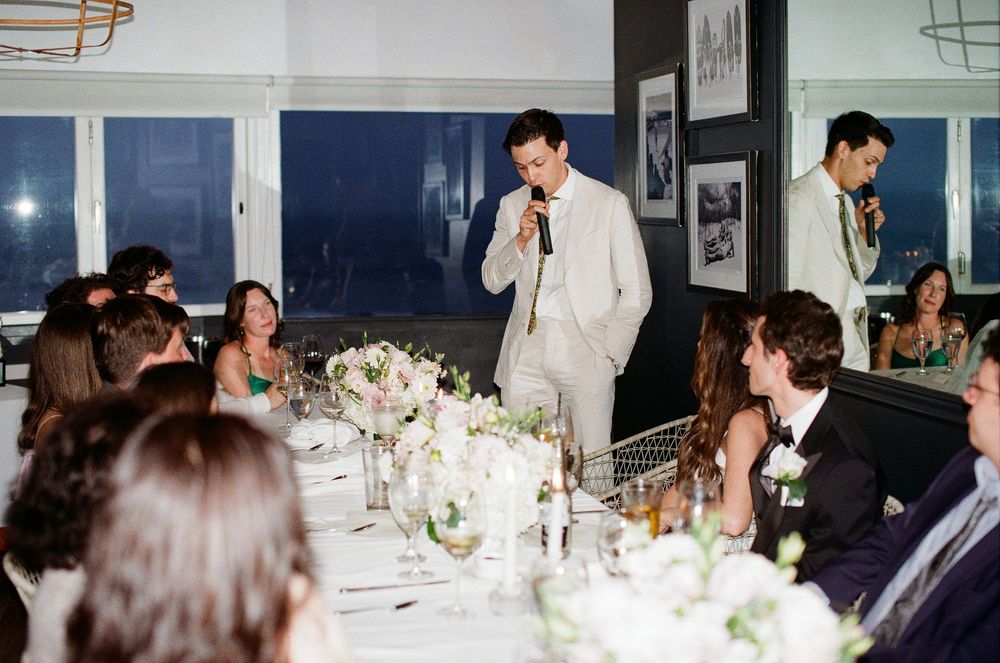Malibu wedding photographer capturing the best man’s speech on 35mm film.